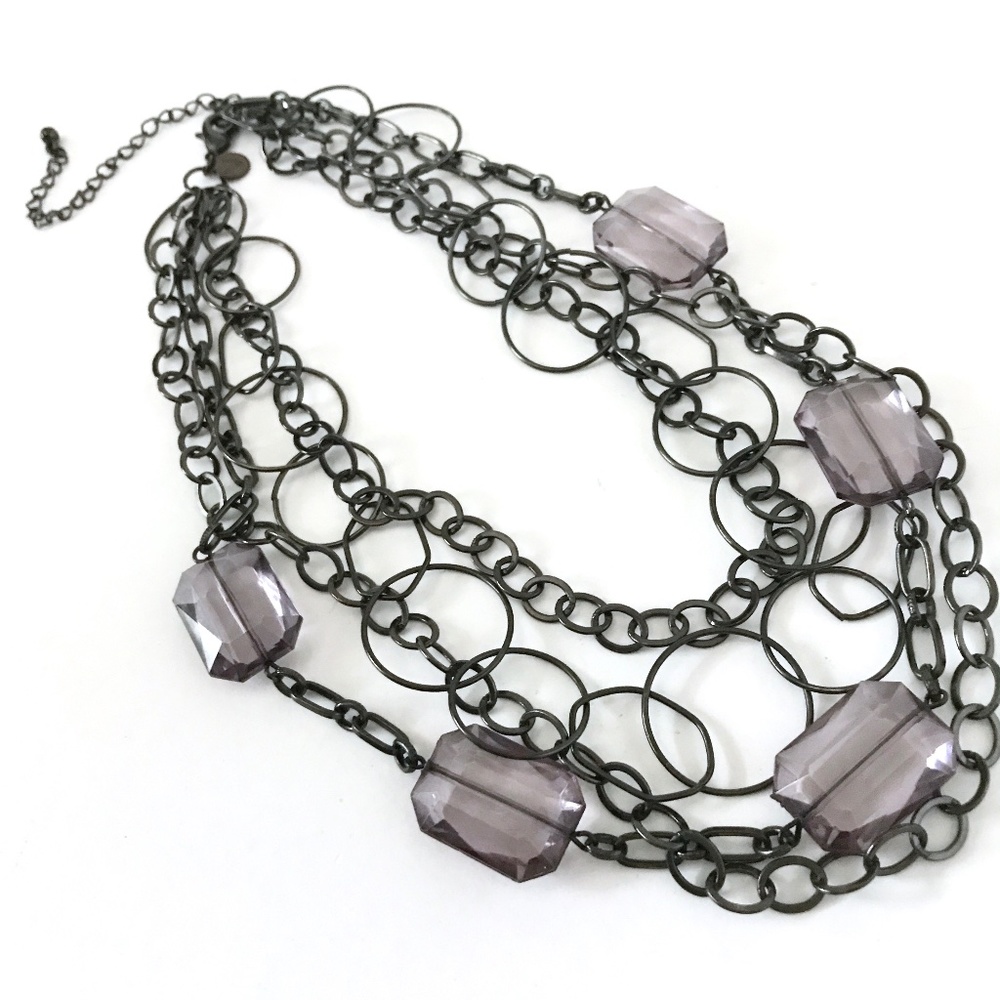 3/$15 Glam Rock & Roll Multi-Layer Black Chain Smoke Faceted Gems Necklace